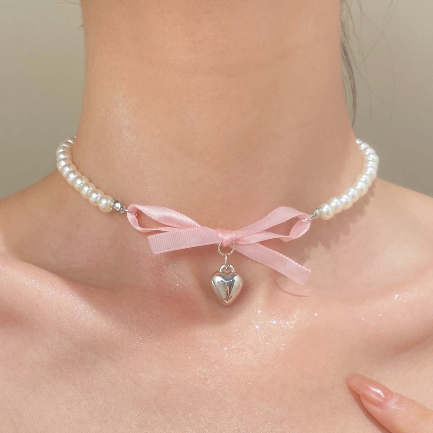 Pearl Trim Chain - French Romantic Pink Bowknot Heart Pendant