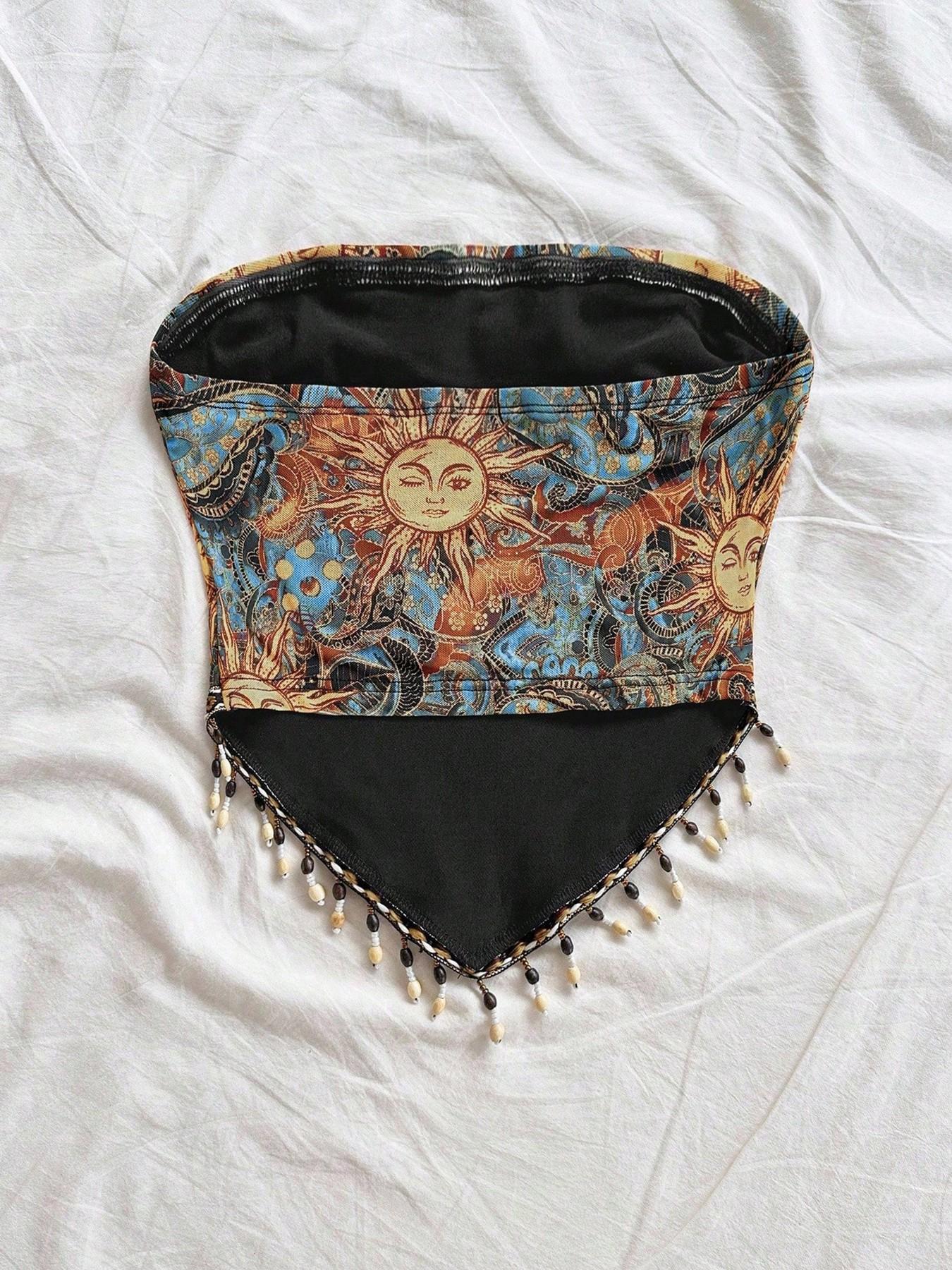 Ladies' 1pc Printed Mesh Knitt - đánh giá và giá Beaded Trim Fringe